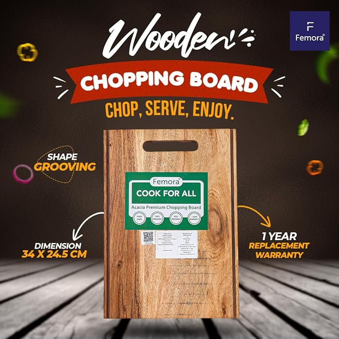 Femora Vegetable Acacia Wood Chopping Board Anti Bacterial Seasoned With Organic Mineral Oil Thick Wooden Cutting Board | 34.20 X 24 Cm