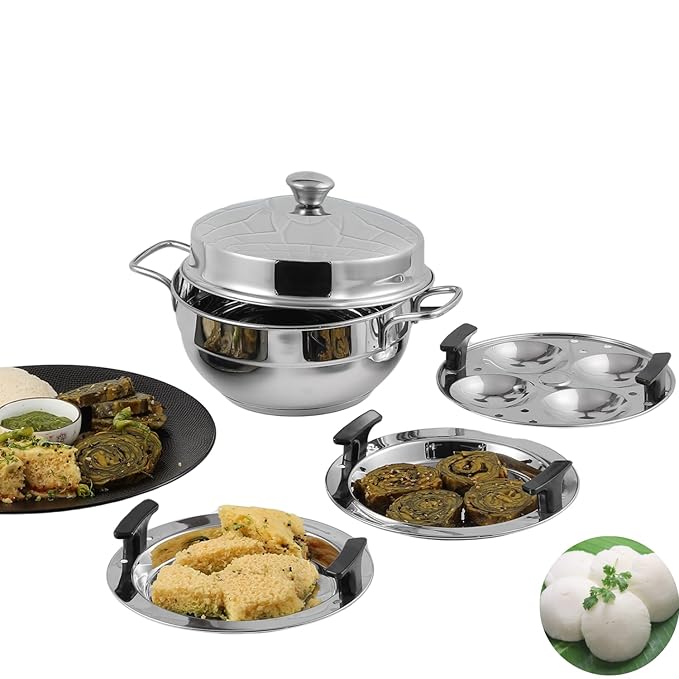 Vinod Stainless Steel Deluxe Multi Kadai with 6 Plates - 26cm, 2 Idli, 2 Dhokla,1 Patra and 1 Mini Idli Plate | Dhokla and Momos Steamer/Maker