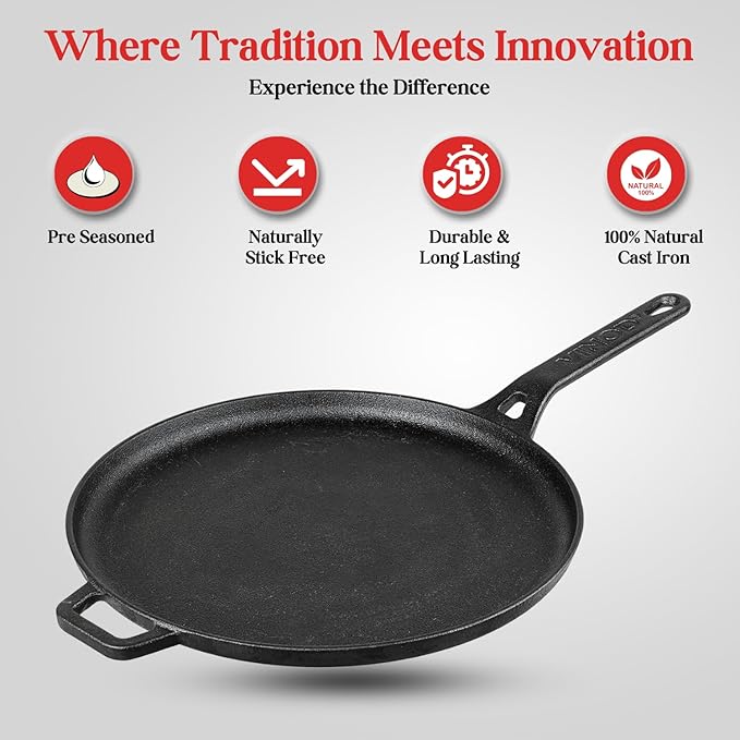 Vinod Legacy Pre Seasoned Cast Iron Flat Roti Tawa with Handle - 28 cm