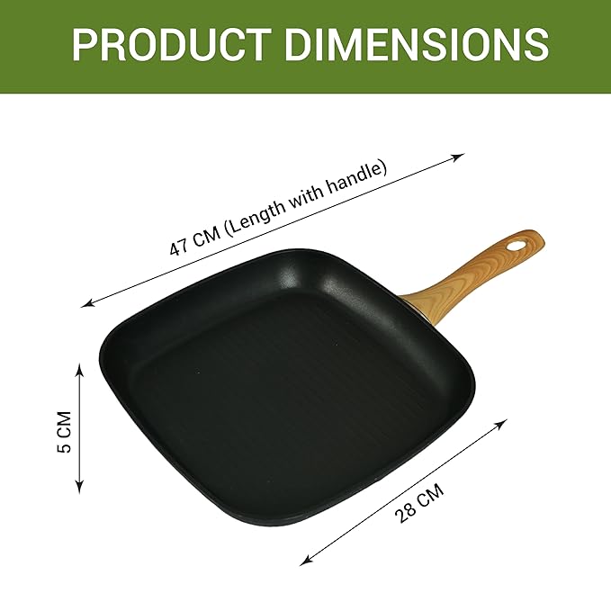 Femora Foged Die Cast Aluminium Non Stick 28 Cm Square Grillpan With Wood Finish Handle | Granite Finish | Induction & Gas Ready