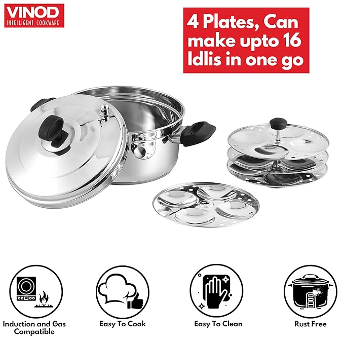 Vinod Classic Stainless Steel Idli Maker Cooker - 4 Deeper Plates | 16 Idlis