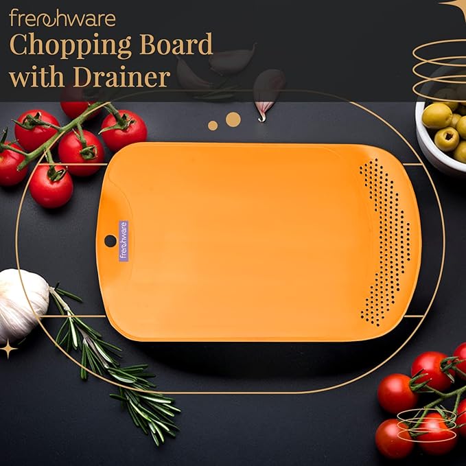 Frenchware Plastic Cutting/ Chopping Board With Drainer 1 Unit | Premium-grade Plastic | Orange