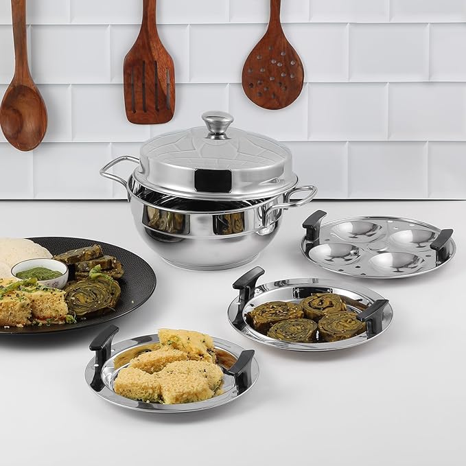 Vinod Gen-Z Stainless Steel Multi Kadai with 6 Plates - 19 cm| 2 Idli, 2 Dhokla and 1 Patra Plate | All in One Multi Purpose Kadhai