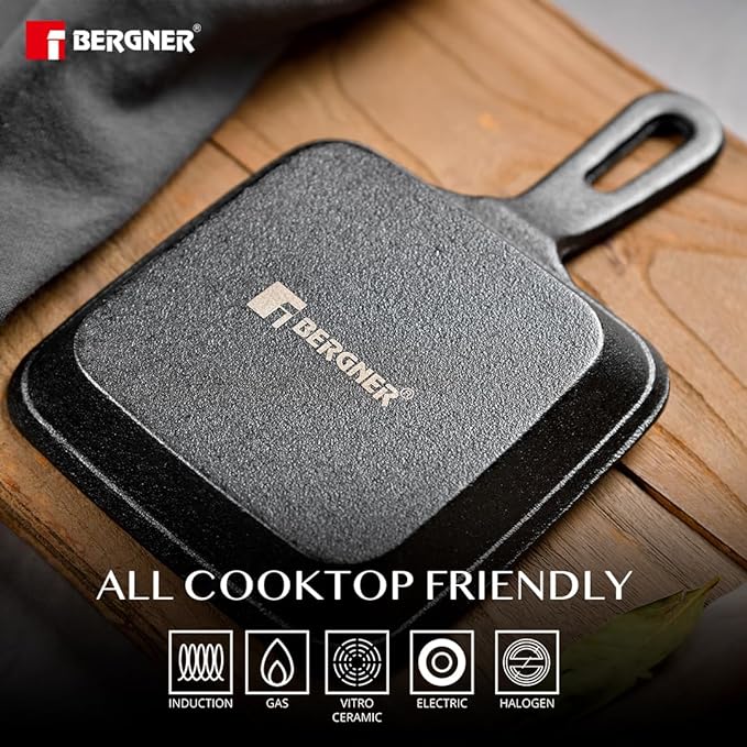 Bergner Cook & Share 13cm Griddle Pan | Mini Grill Pan | Pre-seasoned Cast Iron