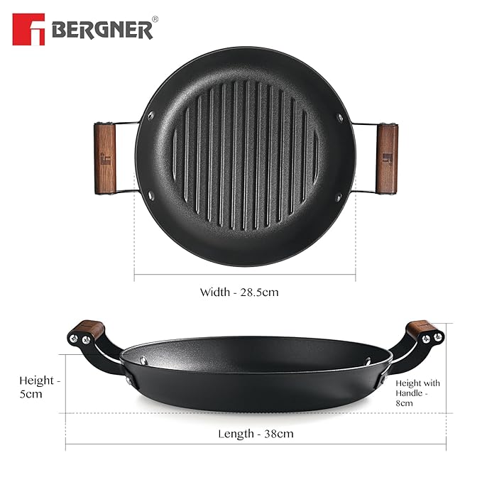 Bergner Odin 28 Cm Cast Iron Grill Plate, Round Grilled Plate With Wooden Coated Handle