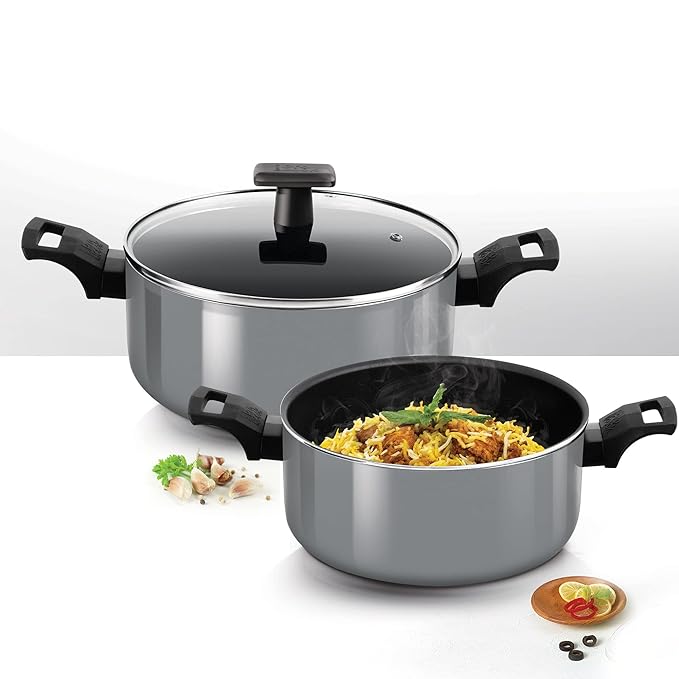 Milton Pro Cook Blackpearl Biryani Pot with Glass Lid 22 cm 3.5 litres, Grey - 1420 gms