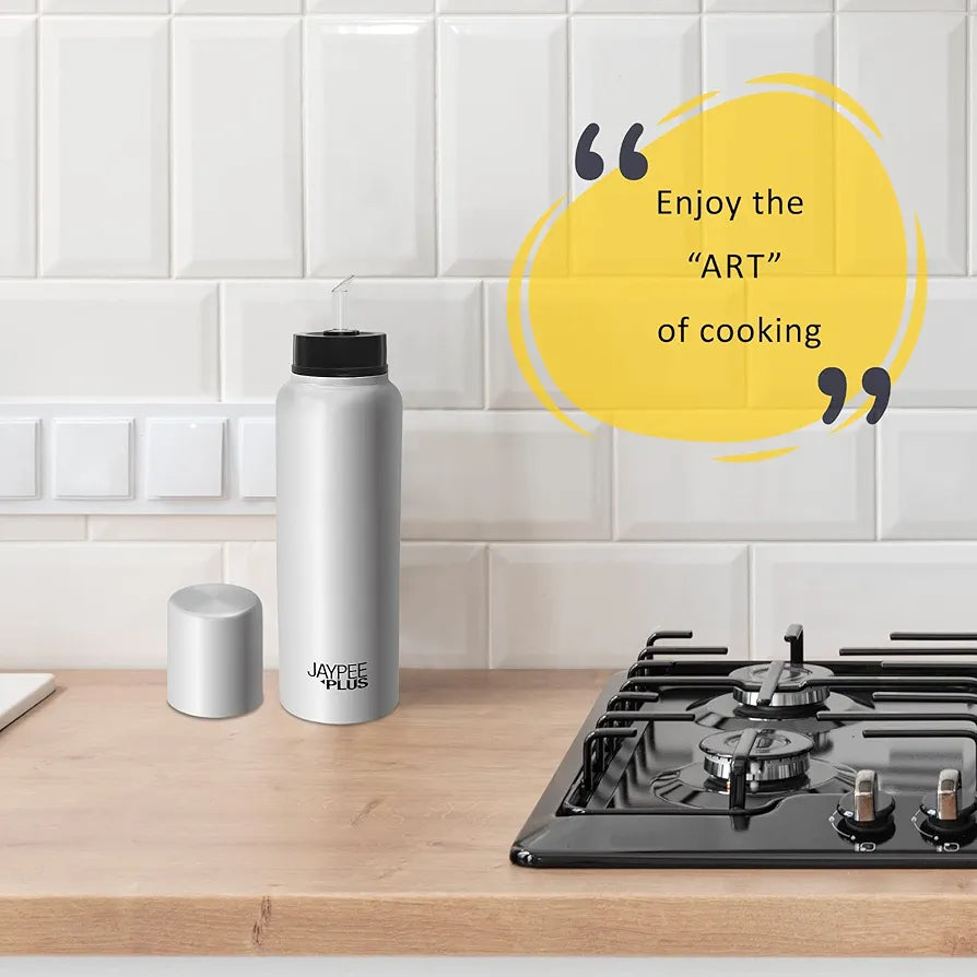 Jaypee Plus EzyPour Stainless Steel Oil Dispenser Bottle with Lid Oil Bottle Spillproof Pourer & Drizzler | Oil can for Kitchen, Silver,| 750ml