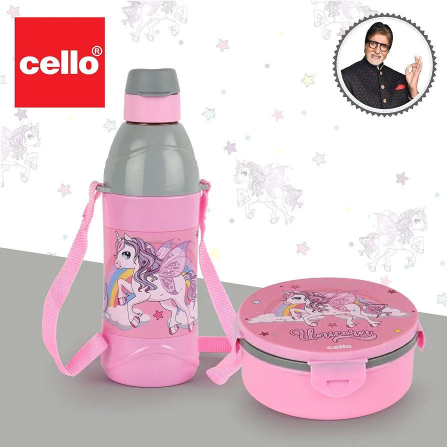 CELLO Tiffy Unicorn Gift Set Insulated Lunch Box & Water Bottle for Kids | Tiffin Box 460 ml, Water Bottle 400 ml, Pink & Grey | Leak Proof | Easy to Clean | Ideal for School, Picnic