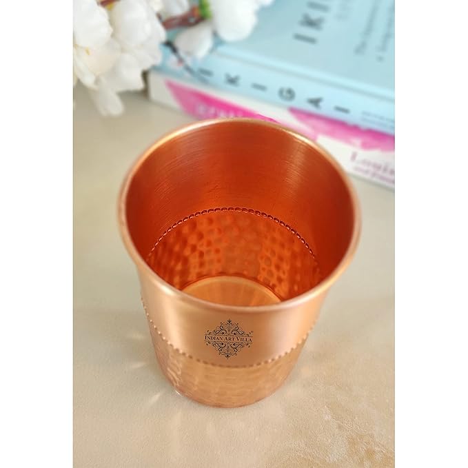 Indian Art Villa Pure Copper Glass With Half Lacquer Hammer Design Tumbler Cup (Pack of 6)