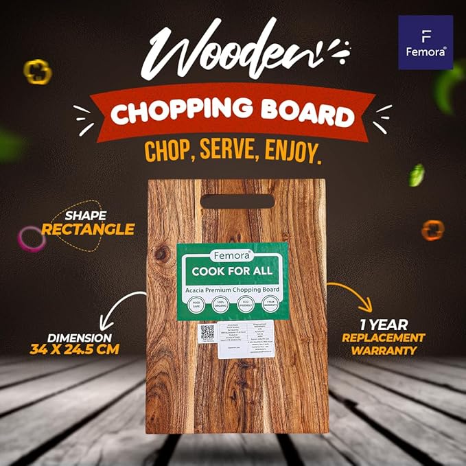 Femora Vegetable Acacia Wood Chopping Board Anti Bacterial Seasoned With Organic Mineral Oil Rectangular Shape | 34.20 X 24 Cm