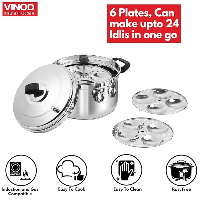 Vinod Classic Stainless Steel Idli Maker Cooker - 6 Deeper Plates | 24 Idlis