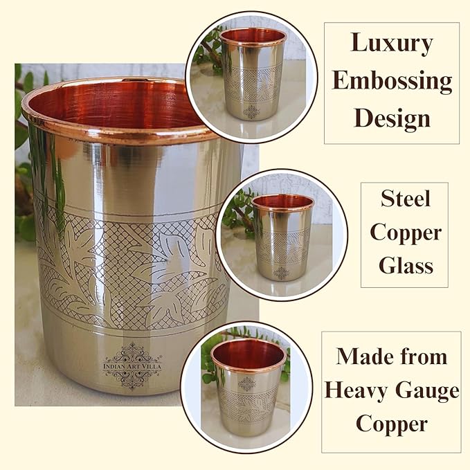 Indian Art Villa Steel Copper Glass Tumbler Embossed Design