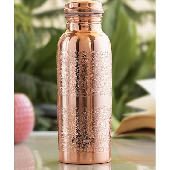 Indian Art Villa Pure Copper Water Bottle with Floral Vines Embossed Design (Pack of 2)