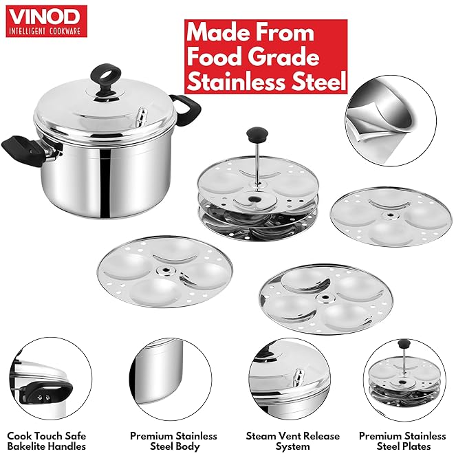 Vinod Classic Stainless Steel Idli Maker Cooker - 6 Deeper Plates | 24 Idlis