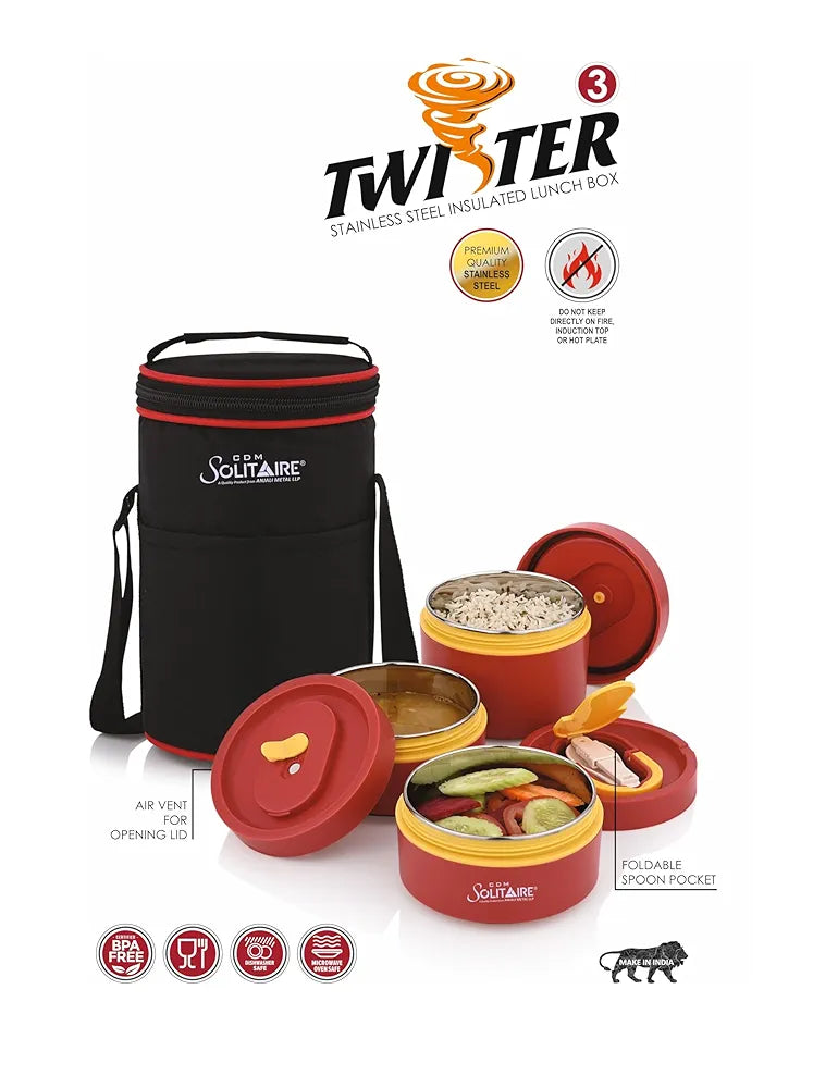 CDM SOLITAIRE Insulated Stainless Steel Lunch Box 3 Round Containers 350 ml, 350 ml & 550 ml 1 Foldable Spoon | Microwave Safe, Air Tight | Hot Lunch Box
