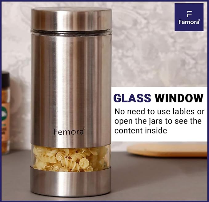 Femora Kitchen Storage Jars Steel Body With See Through Window Jar | 1000 Ml | Pack of 6