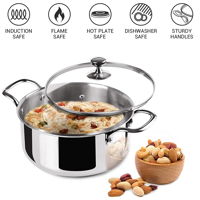 Milton Pro Cook Triply Stainless-Steel Casserole Handi/Stock Pot/Biryani Pot with Glass Lid 16 cm, 1.6 Litre - 1150 gms