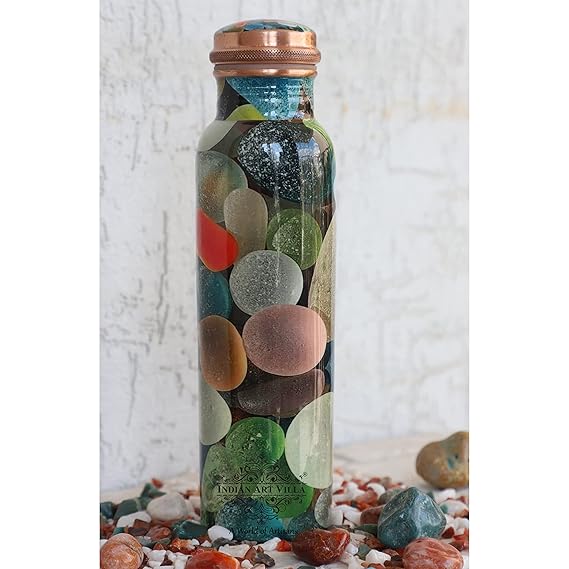 Indian Art Villa Pure Copper Printed Water Bottle With Soapstone Marble Design