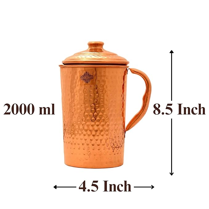 Indian Art Villa Pure Copper Hammered Design Jug Pitcher with Lid