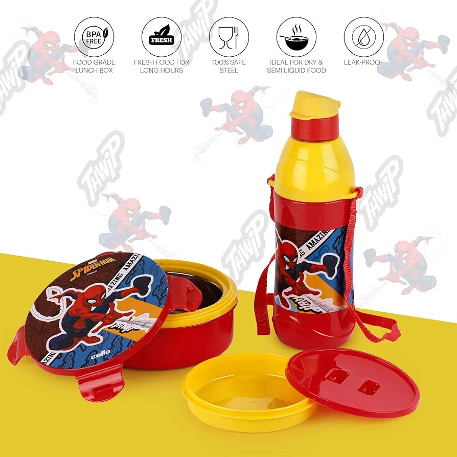 CELLO Tiffy Spiderman Gift Set Insulated Lunch Box & Water Bottle for Kids | Tiffin Box 460 ml, Water Bottle 400 ml, Red & Yellow | Leak Proof | Easy to Clean | Ideal for School, Picnic