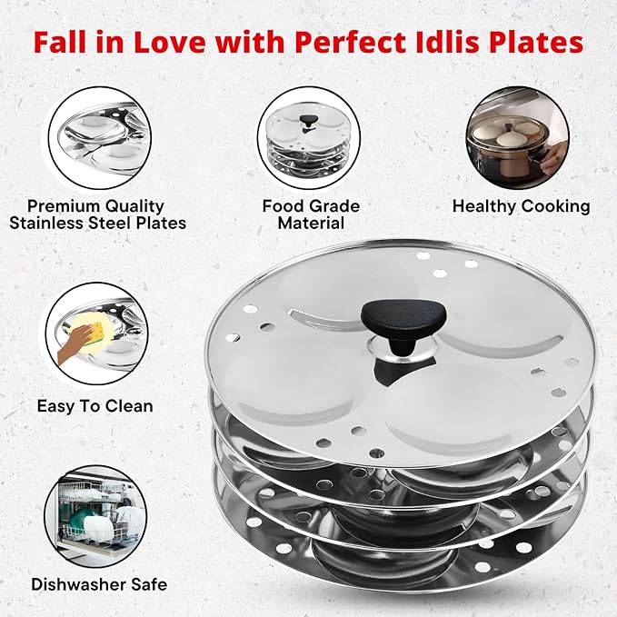 Vinod Premium Stainless Steel 4 Idli Plates - 16 Idlis/Idli Stand for 5 Litre and bigger Pressure Cooker