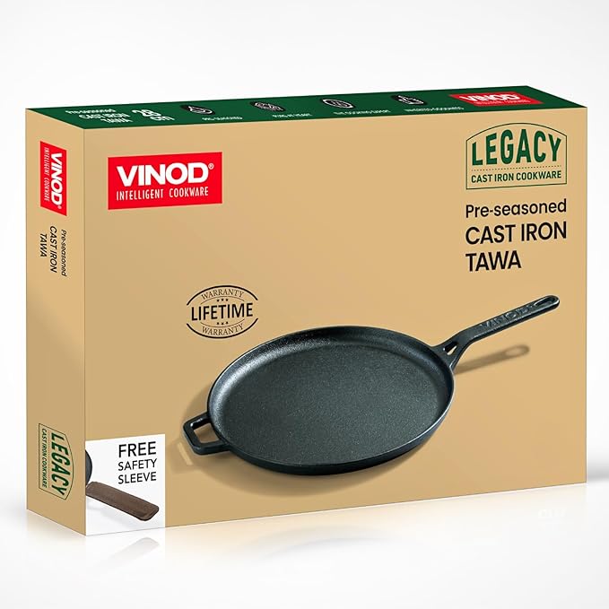 Vinod Legacy Pre Seasoned Cast Iron Flat Roti Tawa with Handle - 28 cm