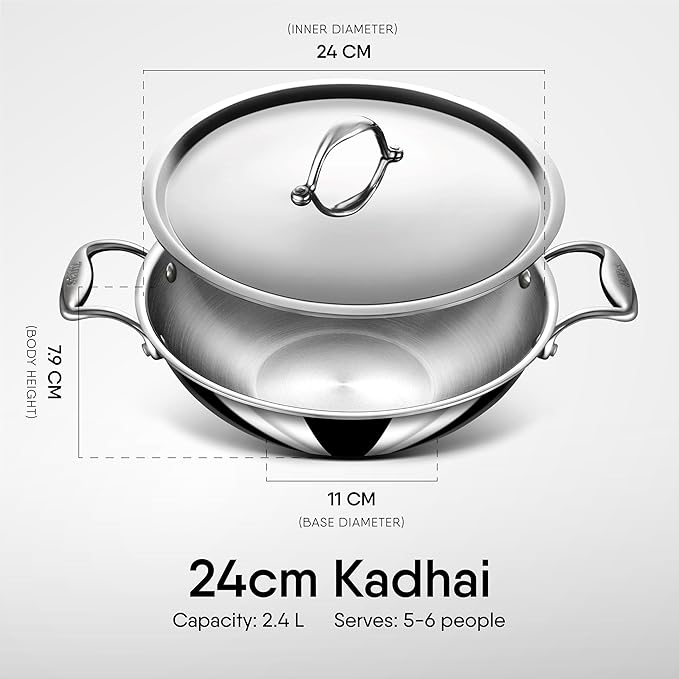Stahl Artisan Triply Stainless Steel Kadhai With Lid, Kadai for Cooking | Induction & Gas Stove Compatible | 2.4 L | 24 Cm