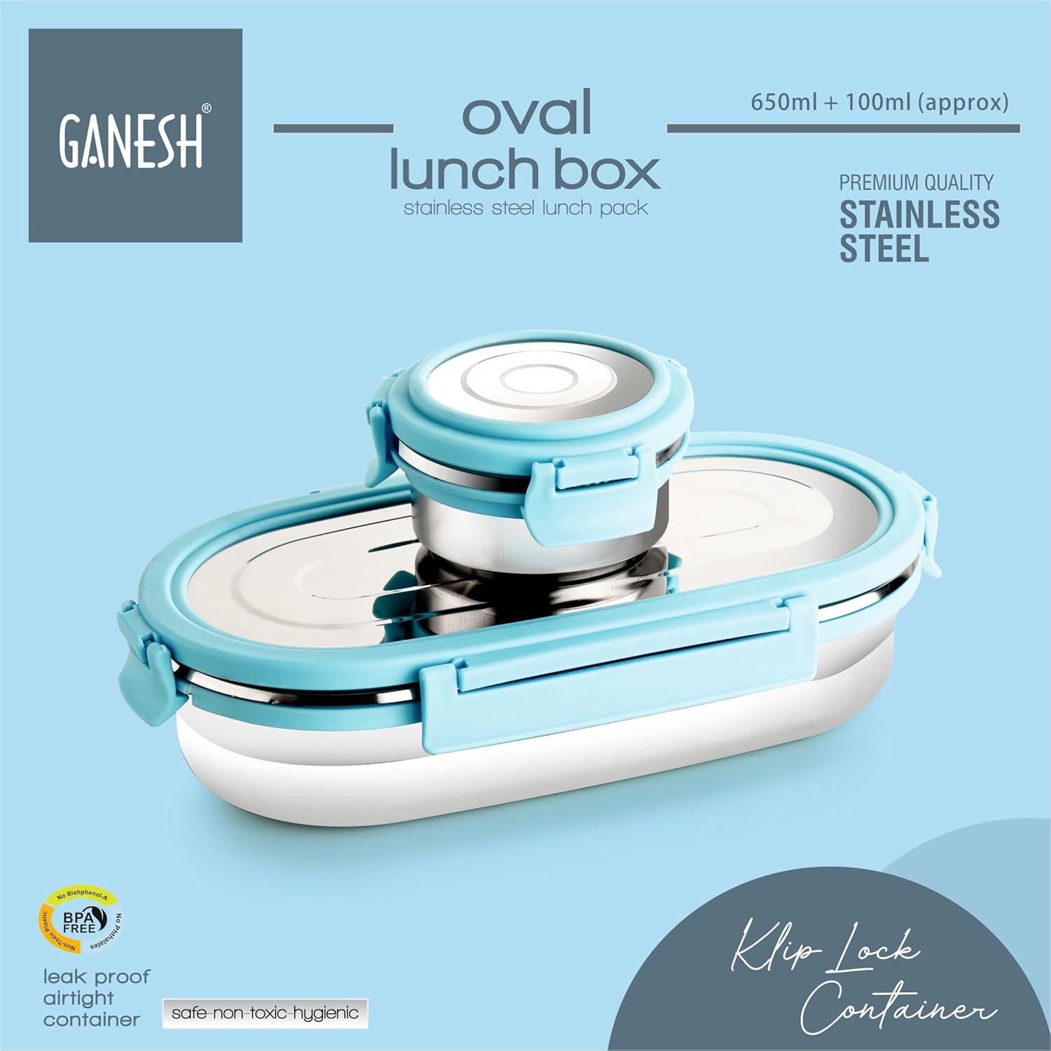 Ganesh Oval Stainless Steel Airtight Leak-proof Lunch Box For Office, School, Picnic - 750 Ml-blue