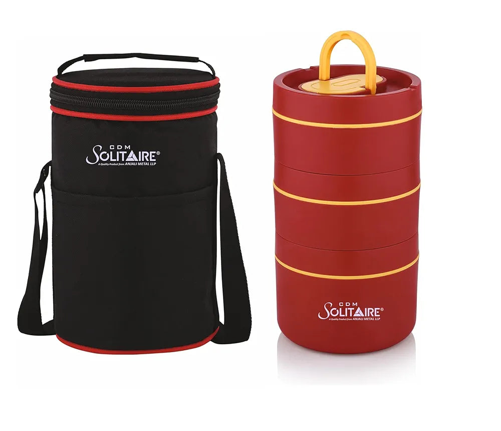 CDM SOLITAIRE Insulated Stainless Steel Lunch Box 3 Round Containers 350 ml, 350 ml & 550 ml 1 Foldable Spoon | Microwave Safe, Air Tight | Hot Lunch Box