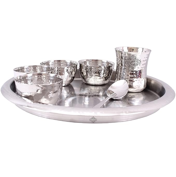 Indian Art Villa Stainless Steel Dinner Set/Thali Set of 1 Plate, 4 Bowls, 1 Glass & 1 Spoon (7 Pieces) - 1100 gms