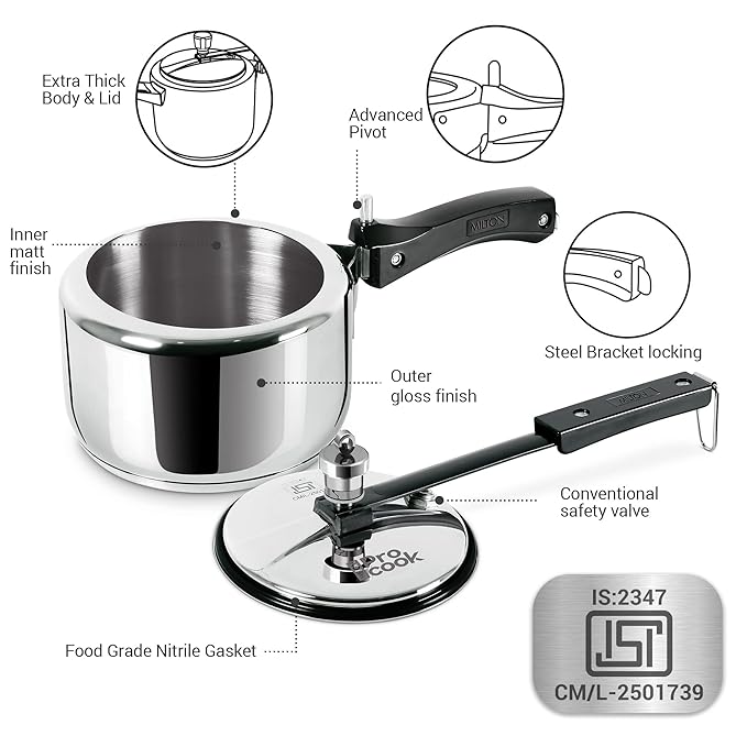 Milton Pro Cook Sandwich Bottom Stainless Steel Pressure Cooker with Inner Lid, 2 Litres, Silver - 2070 gms