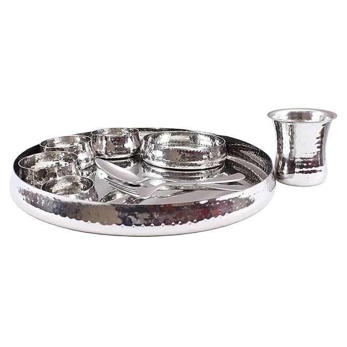 Indian Art Villa Stainless Steel Curved Dinner Set/Thali Set of 1 Plate, 1 Small Plate 3 Bowl, 1 Small Bowl, 1 Glass, 1 Spoon & 1 Fork (9 Pieces)