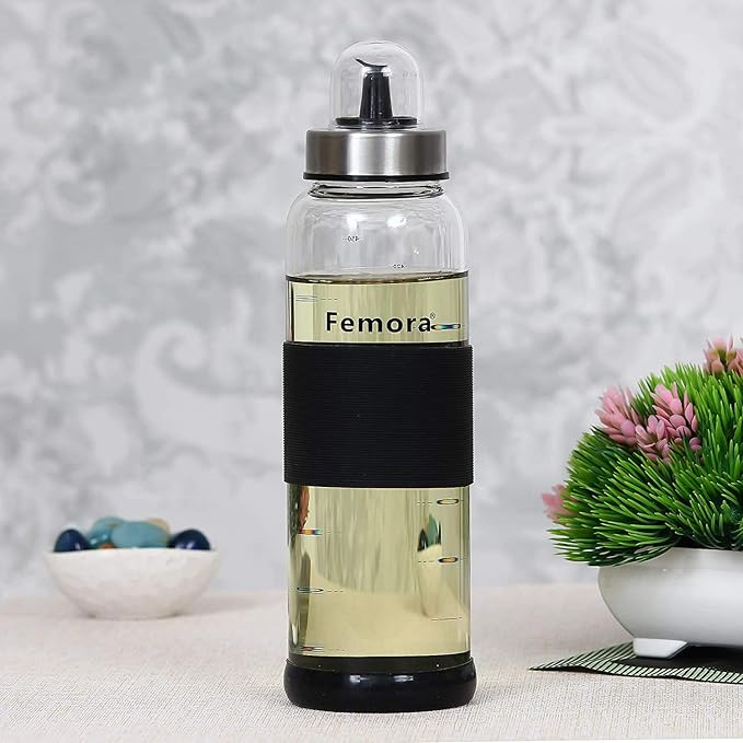 Femora Borosilicate Glass Oil Dispenser With Metallic Lid | 500 Ml | Set of 2 | Clear