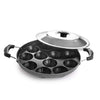 Cello Non-Stick 12 Cavity Appam Patra with Dual Side Handles & Stainless Steel Lid Black Grill Pan