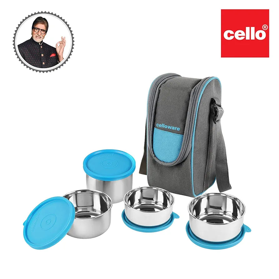 CELLO Steelox Stainless Steel Lunch Box Set of 4 with Bag , Blue | Tiffin Box with Jacket | Leakproof | Easy to Carry | Ideal for Office, School, College