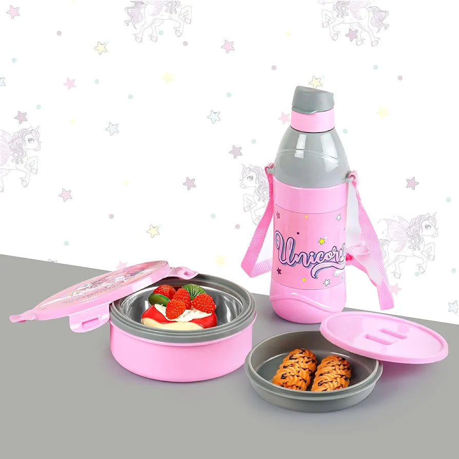 CELLO Tiffy Unicorn Gift Set Insulated Lunch Box & Water Bottle for Kids | Tiffin Box 460 ml, Water Bottle 400 ml, Pink & Grey | Leak Proof | Easy to Clean | Ideal for School, Picnic