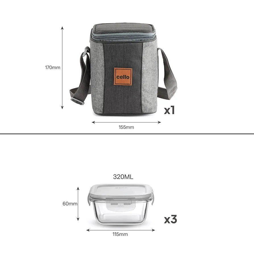 CELLO Glassy Square Lunch Box Set of 3, , Clear | Microwavable Toughened Glass | Leak Proof Design | Tiffin for Office/School/College