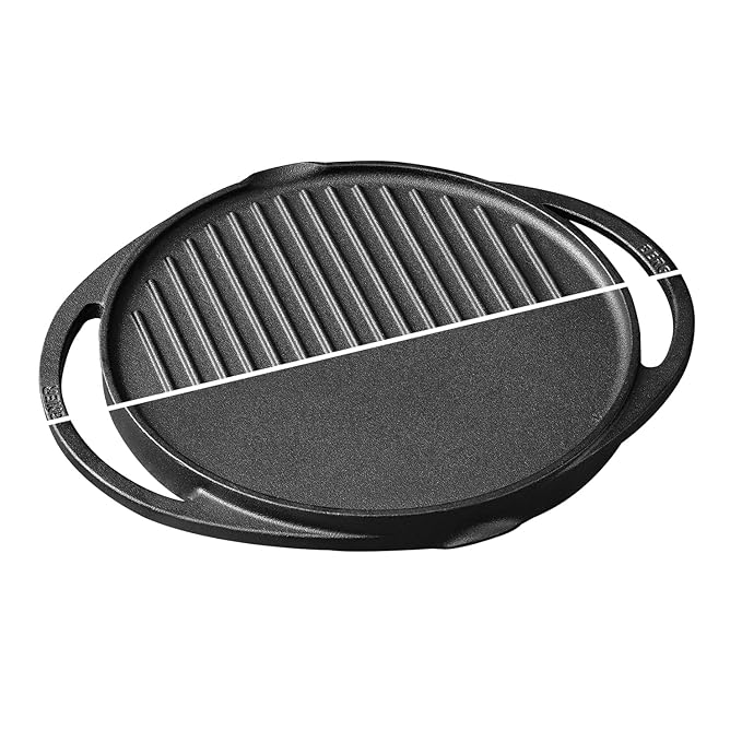 Bergner Odin 28 Cm Cast Iron Grill Plate, Round Grilled Plate With Wooden Coated Handle