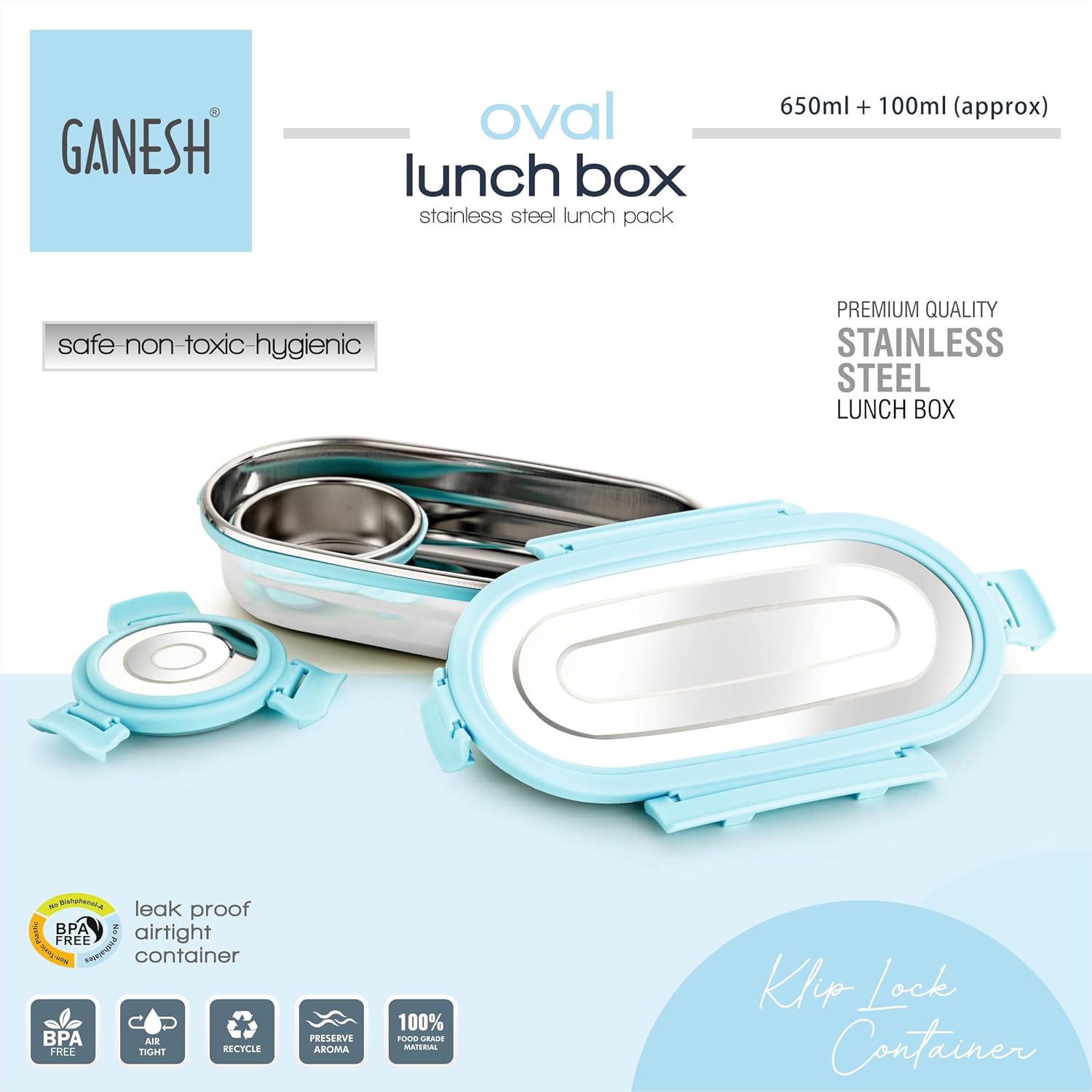 Ganesh Oval Stainless Steel Airtight Leak-proof Lunch Box For Office, School, Picnic - 750 Ml-blue