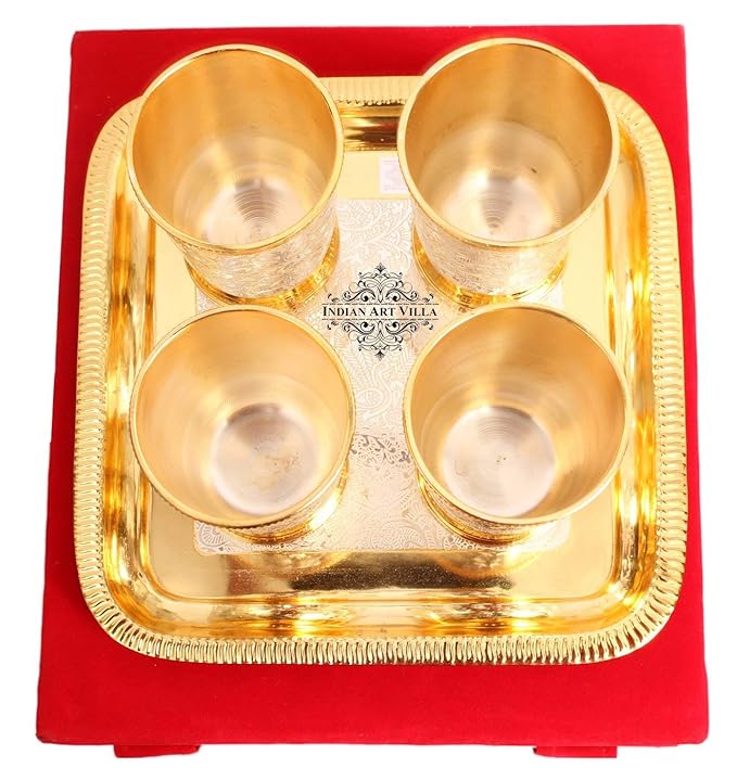 Indian Art Villa Set Of 4 Designed Silver Plated Gold Polished Glasses Goblets - 1840 gms