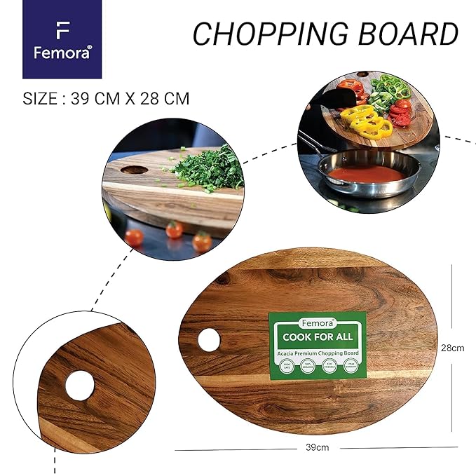 Femora Vegetable Acacia Wood Chopping Board Anti Bacterial Seasoned With Organic Mineral Oil Oval Shape | 39 X 28 Cm