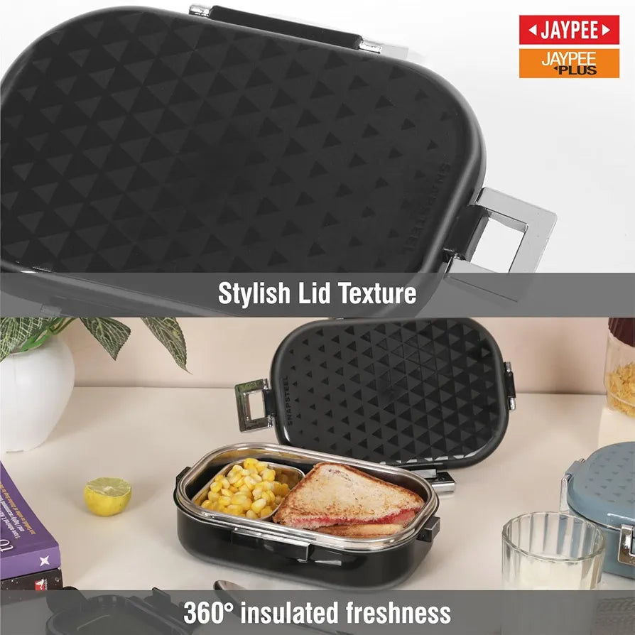 JAYPEE Stainless Steel Inner Insulated Lunch Box Snapsteel Black, 650 ml, Airtight Tiffin Box for School Kids |Food Grade | BPA Free