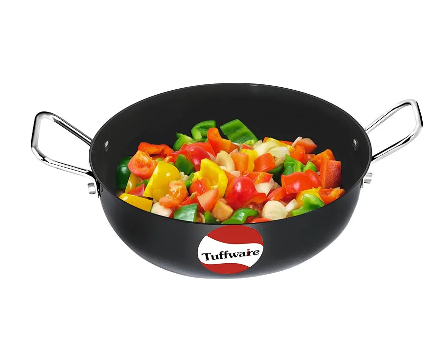 TUFFWARE Hard Anodised Aluminium Deep Non Stick Kadhai With Stainless Steel LId, Black | 14 cm Dia | 0.65 Liters | Kadai/Pot for Cooking | Heat-Resistant Bakelite Handles | 1 Year Warranty