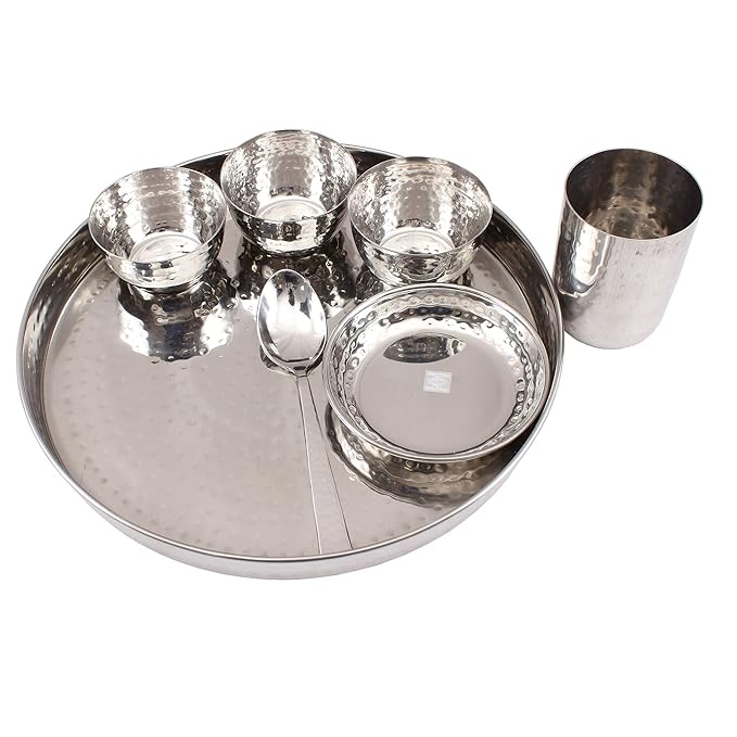 Indian Art Villa Stainless Steel Dinner Set/Thali Set of 1 Plate 1 Small Plate 3 Bowls, 1 Glass & 1 Spoon (7 Pieces) - 550 gms