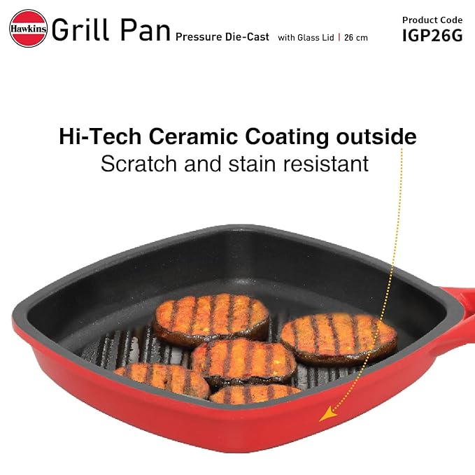 Hawkins 26 cm Grill Pan Non Stick Die Cast Grilling Pan with Glass Lid Square Grill Pan