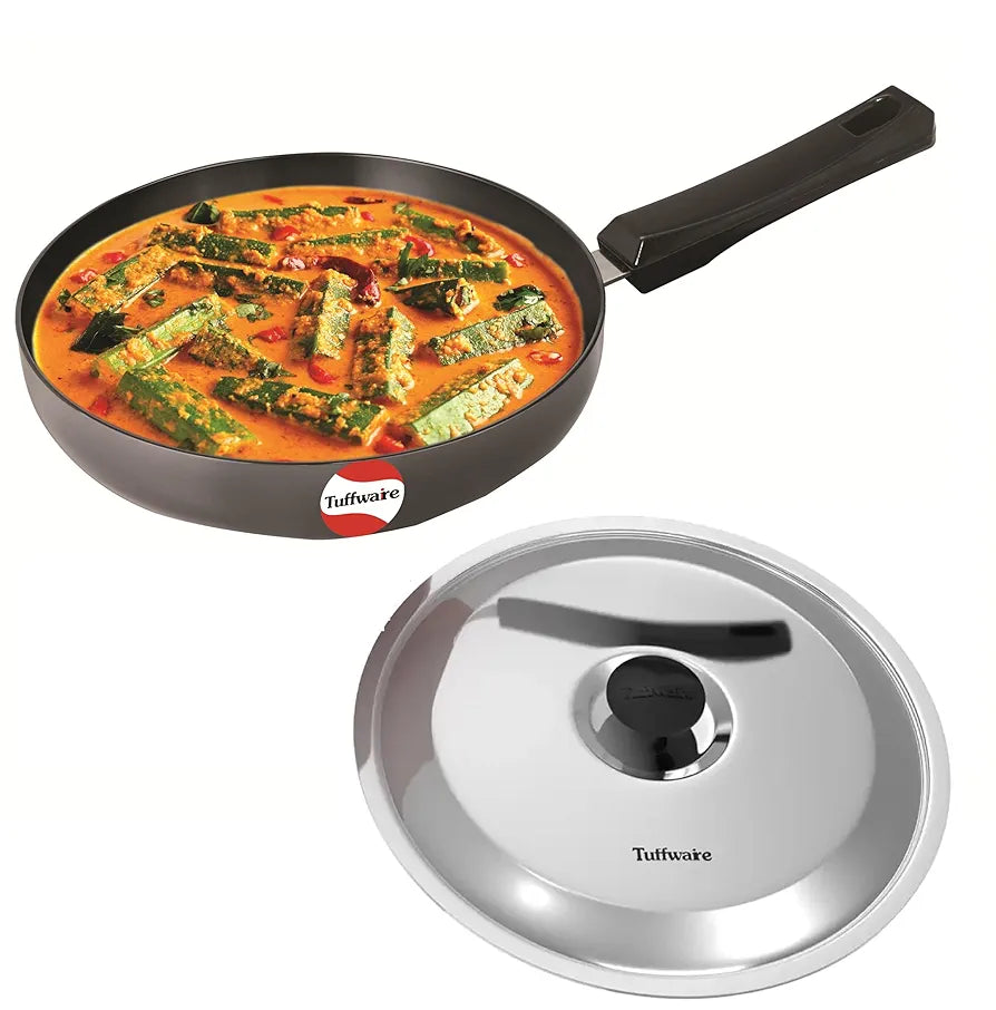 TUFFWARE Tuffwaire Hard Anodised Deep Fry Pan with Stainless Steel Lid, Hard Anodised Non Stick Coating, Metal Spoon Friendly, Bakelite, Handle, 24 cm, 12 Months Warranty
