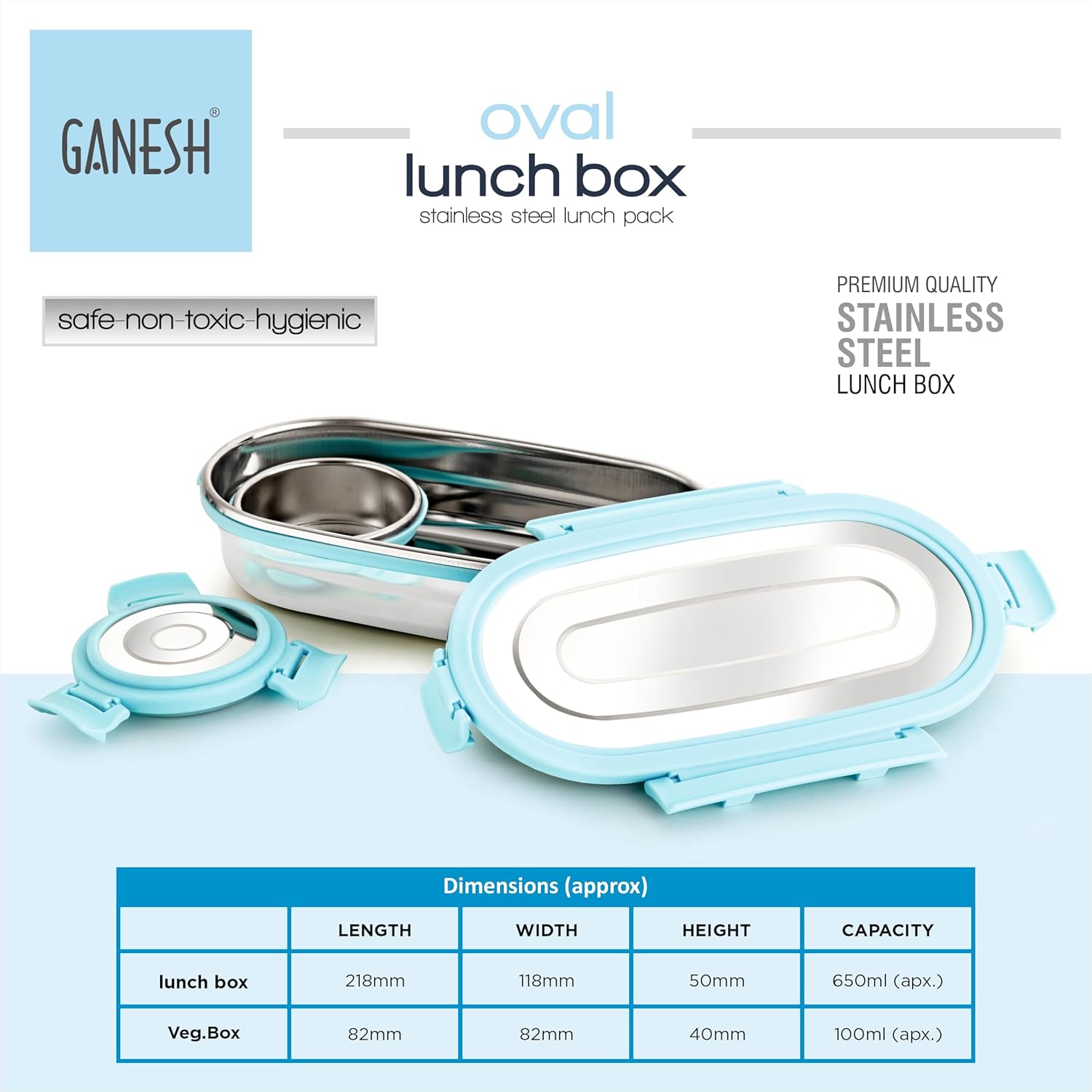 Ganesh Oval Stainless Steel Airtight Leak-proof Lunch Box For Office, School, Picnic - 750 Ml-blue