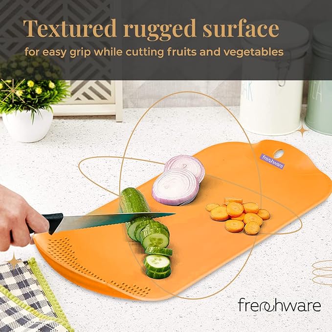 Frenchware Plastic Cutting/ Chopping Board With Drainer 1 Unit | Premium-grade Plastic | Orange