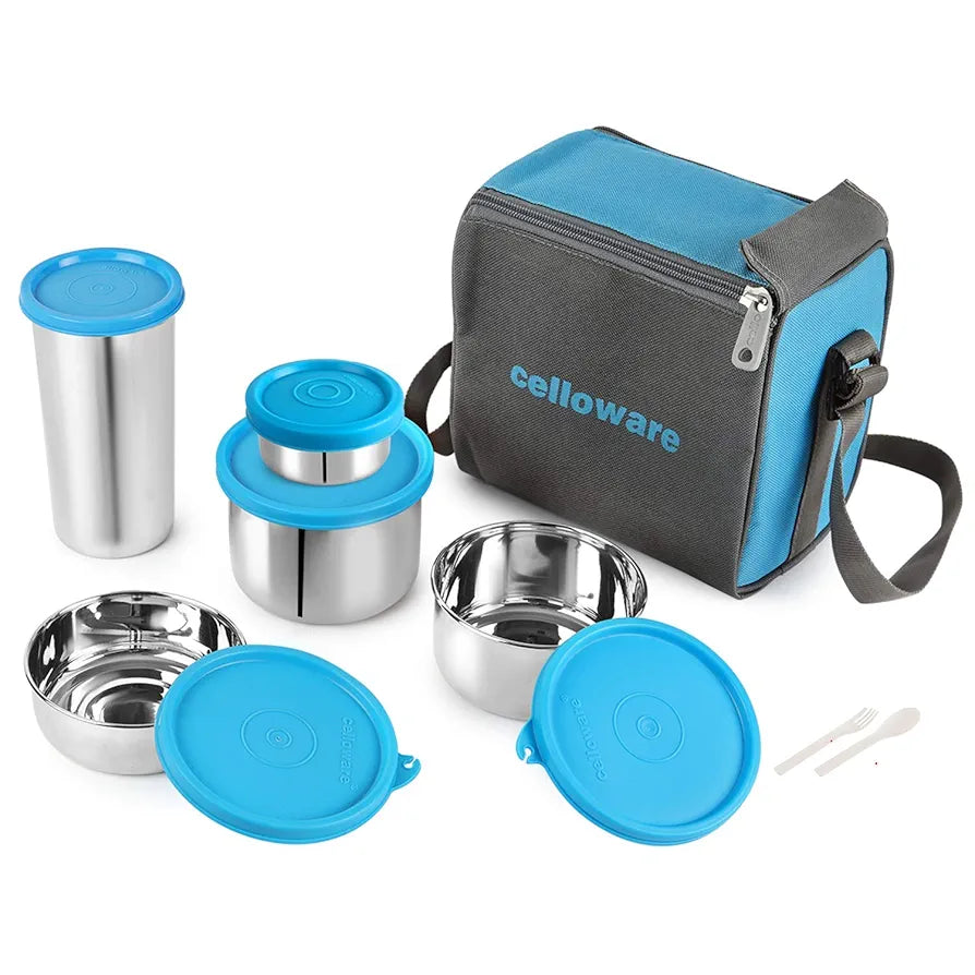CELLO Steelox Stainless Steel Lunch Box Set of 5 with Bag , Blue | Tiffin Box with Jacket | Leakproof | Ideal for Office, School, College