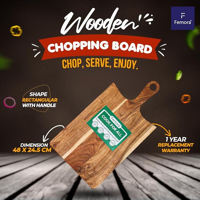 Femora Vegetable Acacia Wood Chopping Board Anti Bacterial Seasoned With Organic Mineral Oil Rectangular Shape | 48 X 24.5 Cm